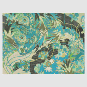 Papier Mousseline FLEURS JAPONAISES ANCIENNES Aqua Blue Green Floral