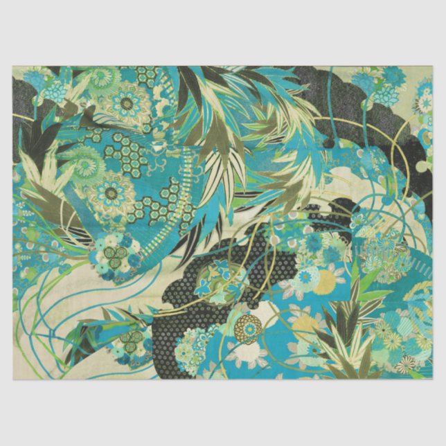 Papier Mousseline FLEURS JAPONAISES ANCIENNES Aqua Blue Green Floral (Recto)