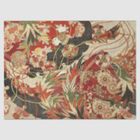 FLEURS JAPONAISES ANCIENNES Rouge Vert Noir Floral