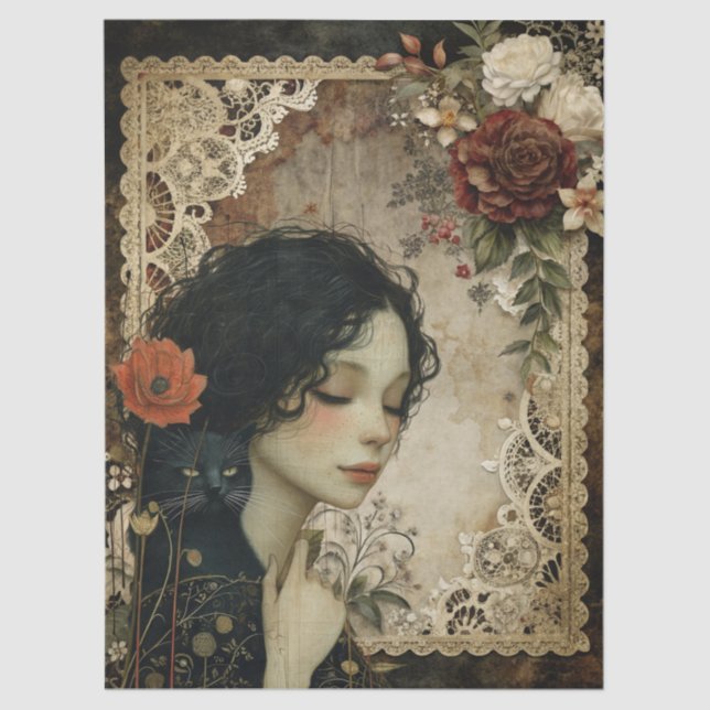 Papier Mousseline Fleurs Jardin de Fille et Chat Noir uniques (Recto)