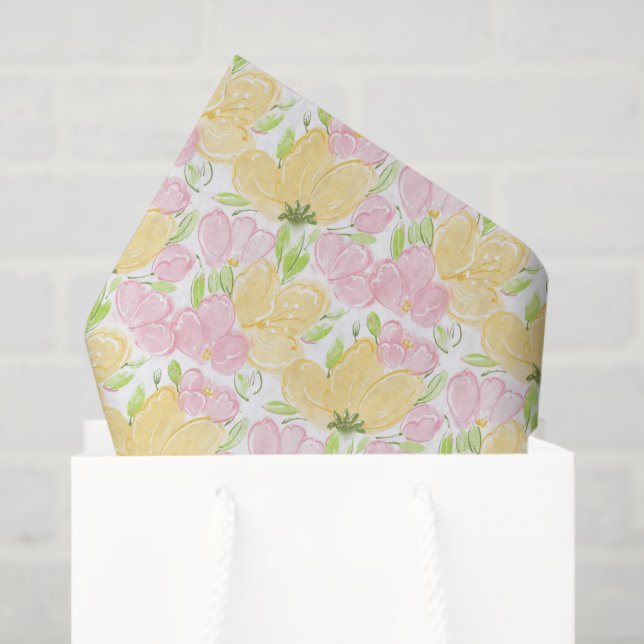 Papier Mousseline Fleurs Jaune Rose (Sac cadeau)