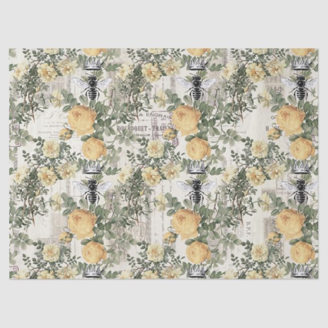 Papier Mousseline Fleurs jaunes et découpage d'abeilles royales (Recto)