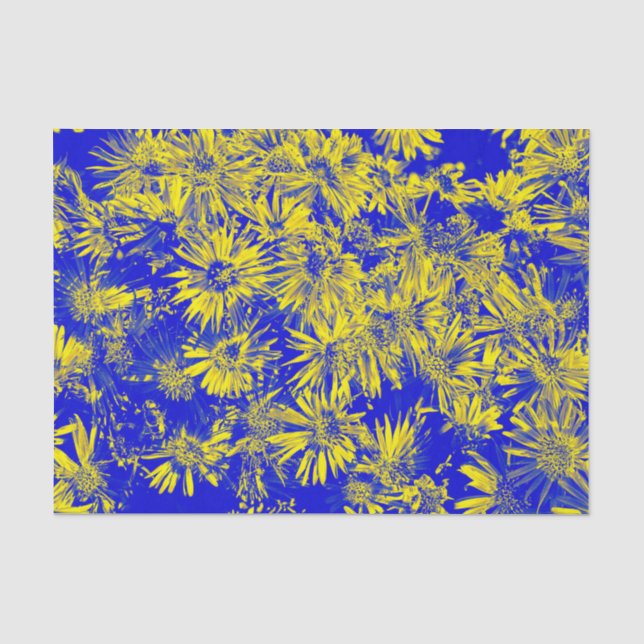 Papier Mousseline Fleurs Jaunes Sur Bleu (Recto)