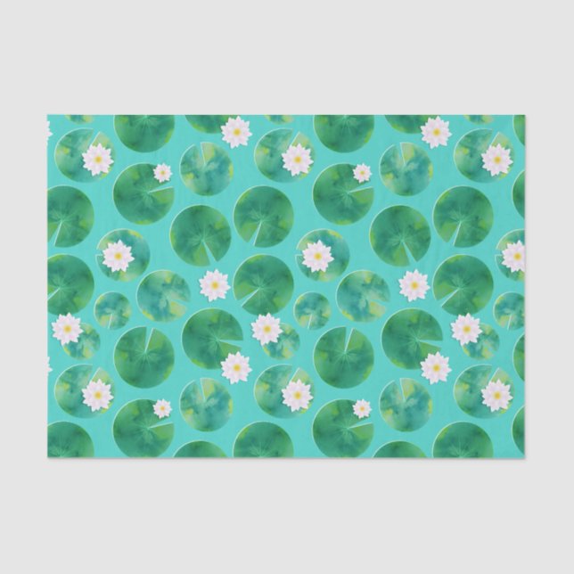 Papier Mousseline Fleurs Lys d'Eau Blanche & Motif Lily Pad (Recto)