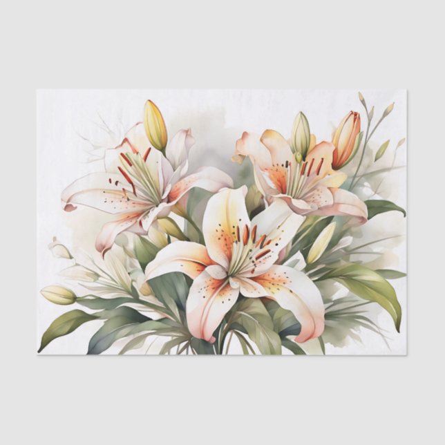 Papier Mousseline Fleurs Lys Douces Sur Blanc (Recto)