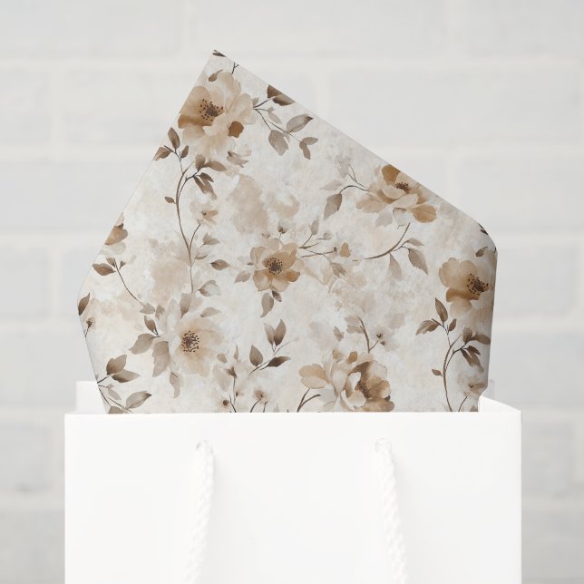 Papier Mousseline Fleurs Marron Crème Anniversaire (Sac cadeau)
