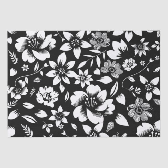 Papier Mousseline Fleurs modernes noir blanc feuilles qui volent (Recto)
