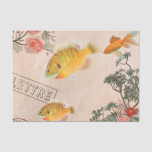 Papier Mousseline Fleurs modernes vintages roses et poissons