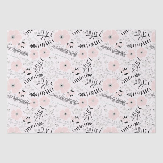 Papier Mousseline Fleurs Motif botanique noir rose (Recto)