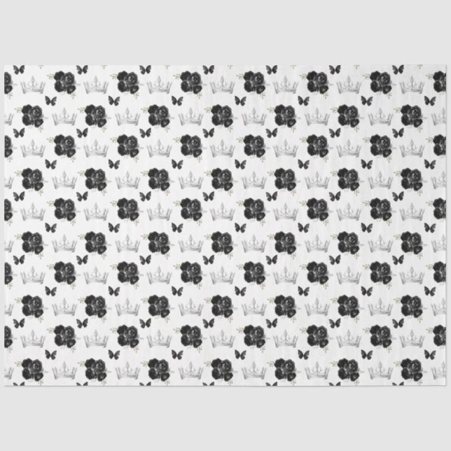 Papier Mousseline Fleurs noires et couronnes argentées (Recto)