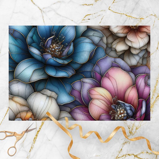 Papier Mousseline Fleurs opulentes avec traits d'or chatoyants (Créateur téléchargé)