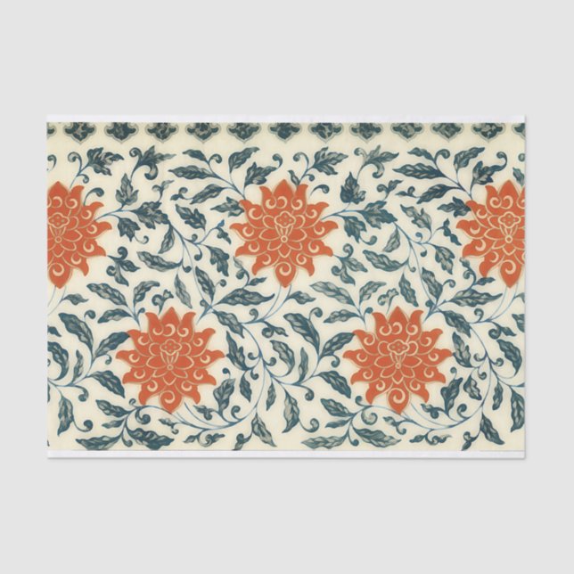 Papier Mousseline fleurs orange - tige bleue - motif chinois (Recto)