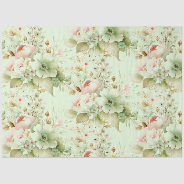 Papier Mousseline Fleurs printanières roses, vert pâle sur découpage (Recto)