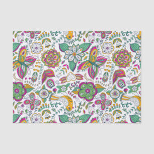 Papier Mousseline Fleurs rétro colorées Oiseaux et papillons Motif