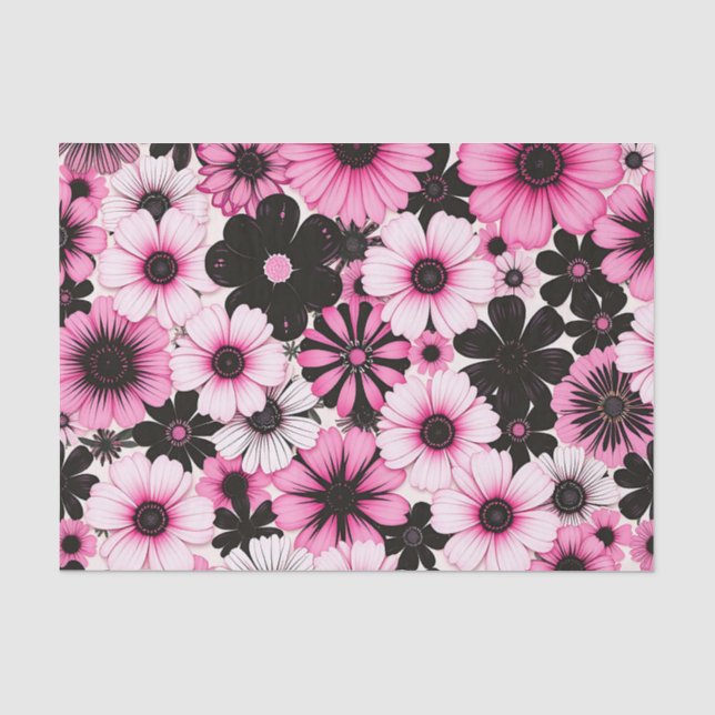 Papier Mousseline Fleurs rétro en rose et noir (Recto)