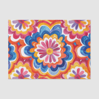 Papier Mousseline Fleurs Rétro Groovy Aquarelle Bleu Orange Rose