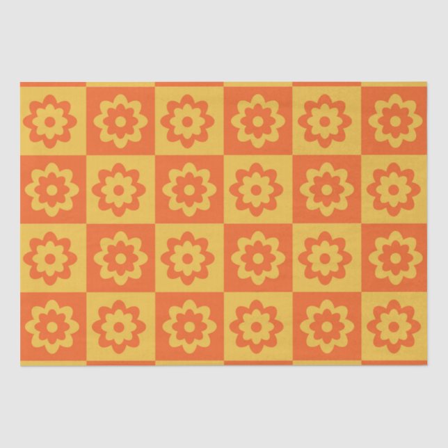 Papier Mousseline Fleurs Rétro Jaune Orange à Damier  (Recto)