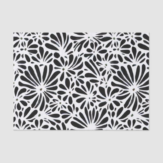 Papier Mousseline Fleurs Rétro Noir et Blanc (Recto)