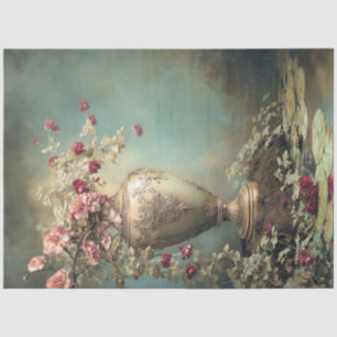 Papier Mousseline Fleurs romantiques, vase baroque vert sauge