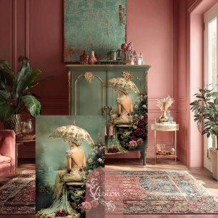 Papier Mousseline Fleurs romantiques Vert sauge Dame & un parasol Ar