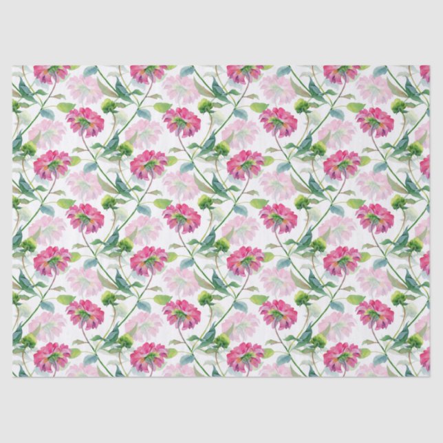 Papier Mousseline Fleurs rose et bleu-vert Motif Aquarelles (Recto)