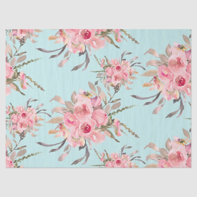 Papier Mousseline Fleurs rose pâle sur bleu clair (Recto)