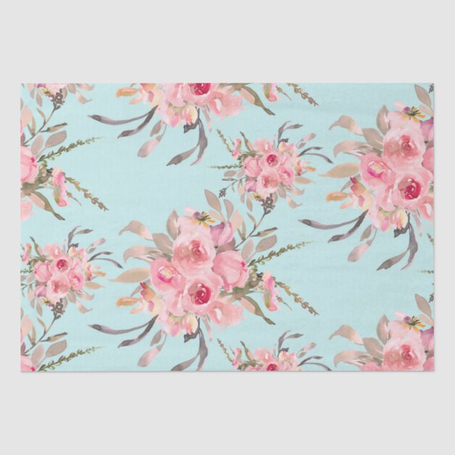 Papier Mousseline Fleurs rose pâle sur bleu clair (Recto)