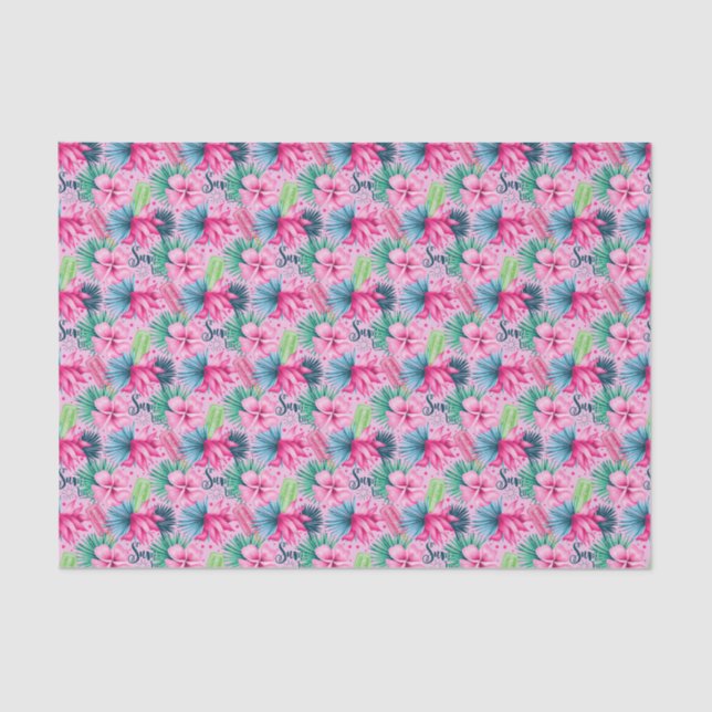 Papier Mousseline Fleurs rose vert bleu Floral Tropical brillant  (Recto)