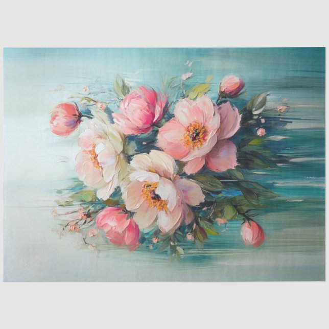 Papier Mousseline Fleurs roses abstraites Fond sarcelle Découpage (Recto)