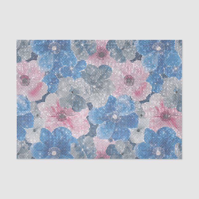 Papier Mousseline Fleurs roses bleues scintillent (Recto)