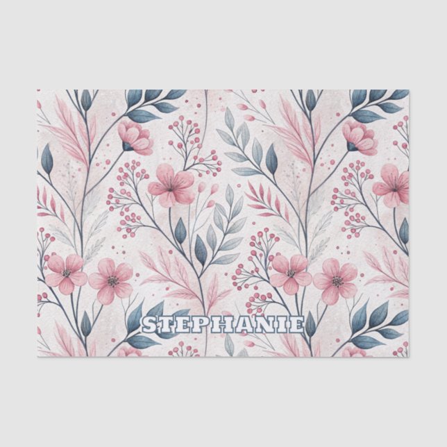 Papier Mousseline Fleurs roses délicates avec feuillage bleu atténué (Recto)