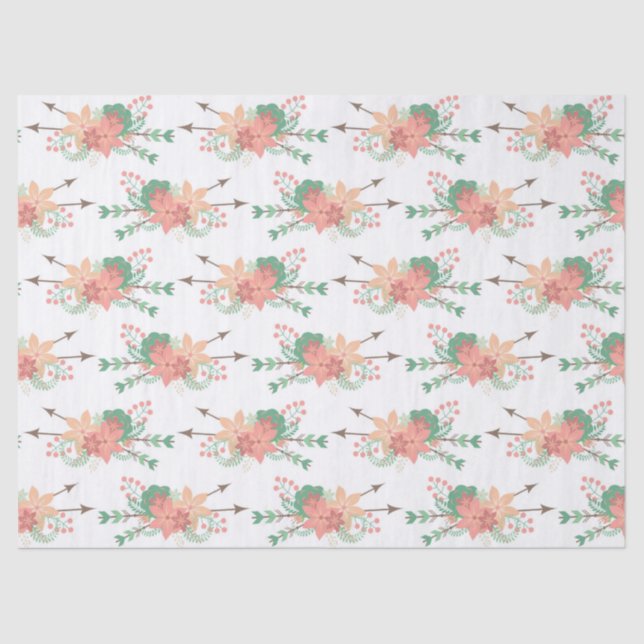 Papier Mousseline Fleurs roses et bracelleuses avec flèches en blanc (Recto)