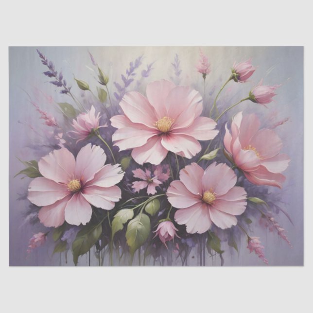 Papier Mousseline Fleurs roses et découpage de lavande (Recto)