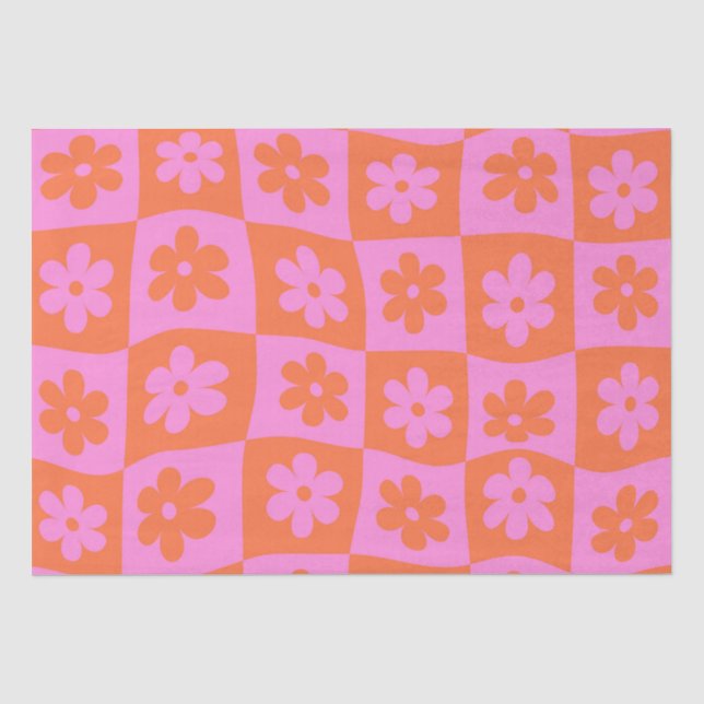 Papier Mousseline Fleurs Roses et Orange Rétro Déformées à Carreaux (Recto)