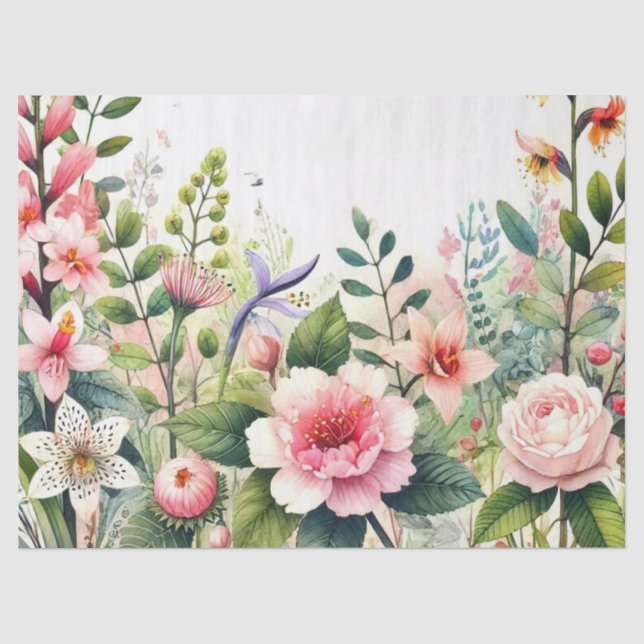 Papier Mousseline Fleurs roses feuilles vertes (Recto)