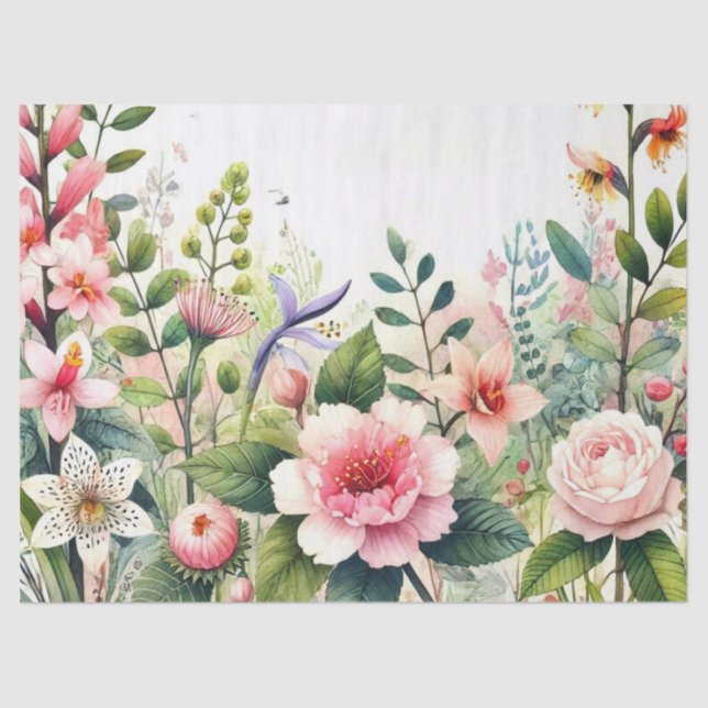 Papier Mousseline Fleurs roses Feuilles verts (Recto)