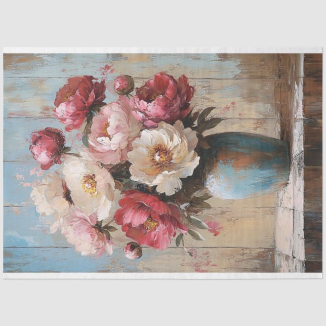 Papier Mousseline Fleurs Roses Impressionnistes Vase Bleu Découpage (Recto)