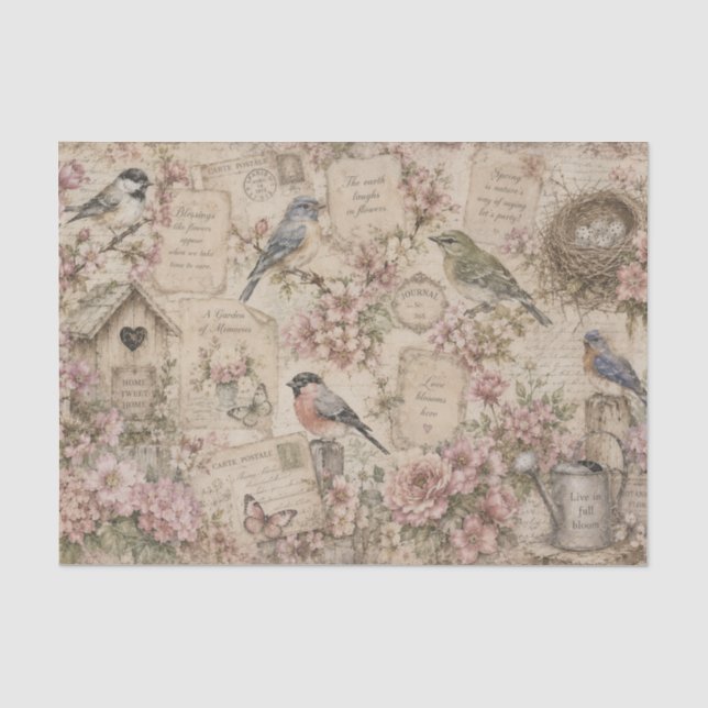 Papier Mousseline Fleurs roses oiseaux vintage notes manuscrites  (Recto)