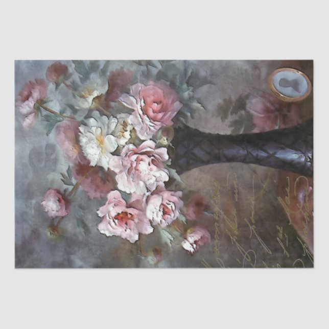 Papier Mousseline Fleurs roses roses Français Script Vase Decoupage (Recto)