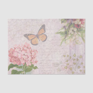 Papier Mousseline Fleurs roses vintages et papillon