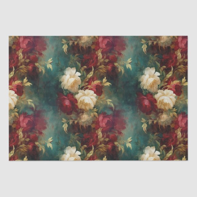 Papier Mousseline Fleurs Rouge Blanc Vert Or (Recto)