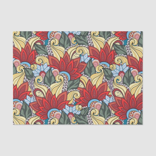 Papier Mousseline Fleurs Rouge Jaune Bleu Vert Et Fleurs (Recto)