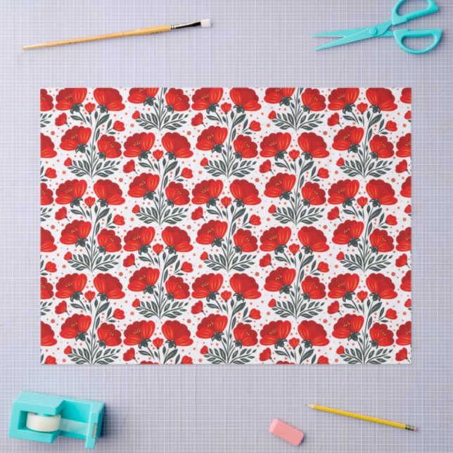 Papier Mousseline Fleurs rouges (Artisanat)