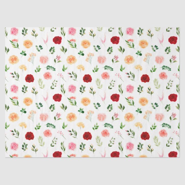 Papier Mousseline Fleurs rouges et oranges avec motif de feuillage (Recto)