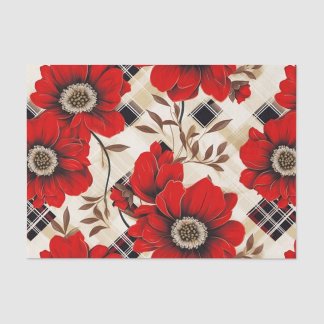 Papier Mousseline Fleurs rouges et plaid (Recto)