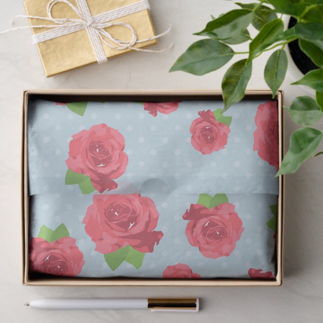 Papier Mousseline Fleurs rouges, Roses rouges, Feuilles verts, Flora (Cadeau)