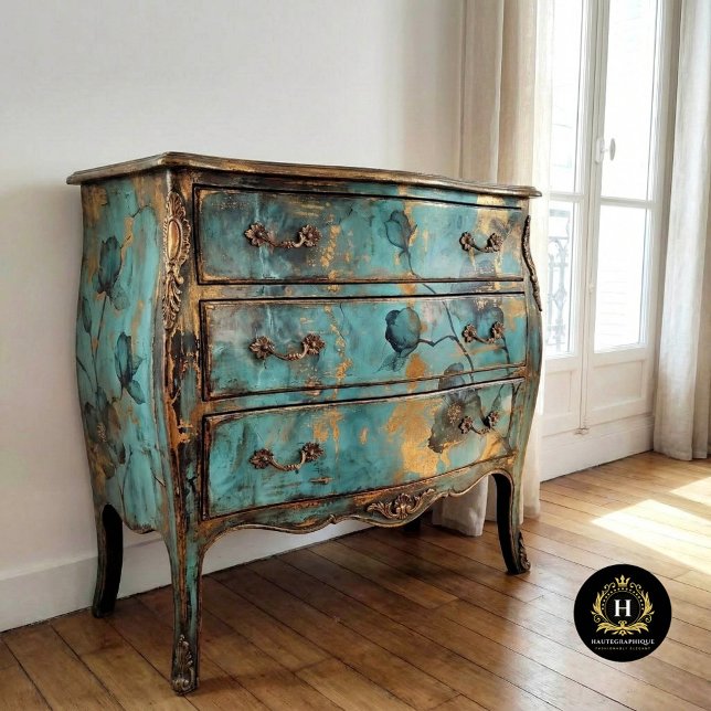 Papier Mousseline Fleurs rustiques turquoise et or (Créateur téléchargé)