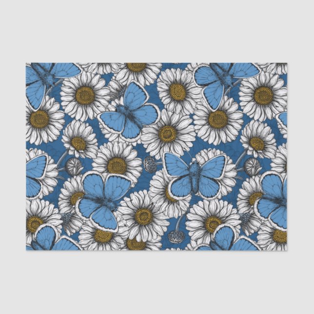 Papier Mousseline Fleurs sauvages blanches et papillons bleus (Recto)