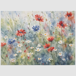 Papier Mousseline Fleurs sauvages couleur rouge blanc et bleu