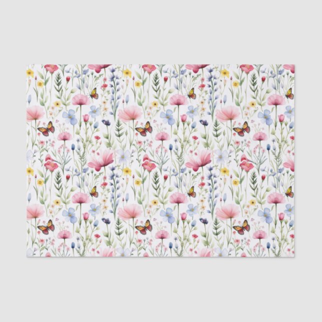 Papier Mousseline Fleurs sauvages rose jaune Papillon Anniversaire  (Recto)